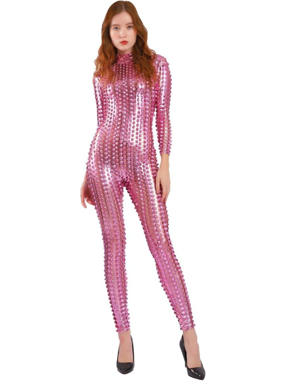 Unisex Pink Hollow-Carved Mesh Shiny Dancewear Catsuit Classic Bodycon Jumpsuit
